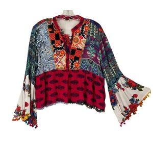 Anandas Collection Patchwork Blouse Womens XL Multicolor Boho Bell Sleeve